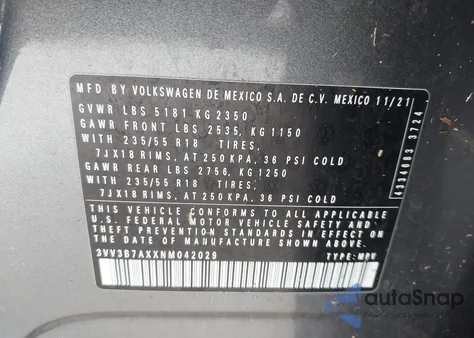 2022 Volkswagen Tiguan 2.0T Se из США, поврежденный, VIN 3VV3B7AXXNM042029